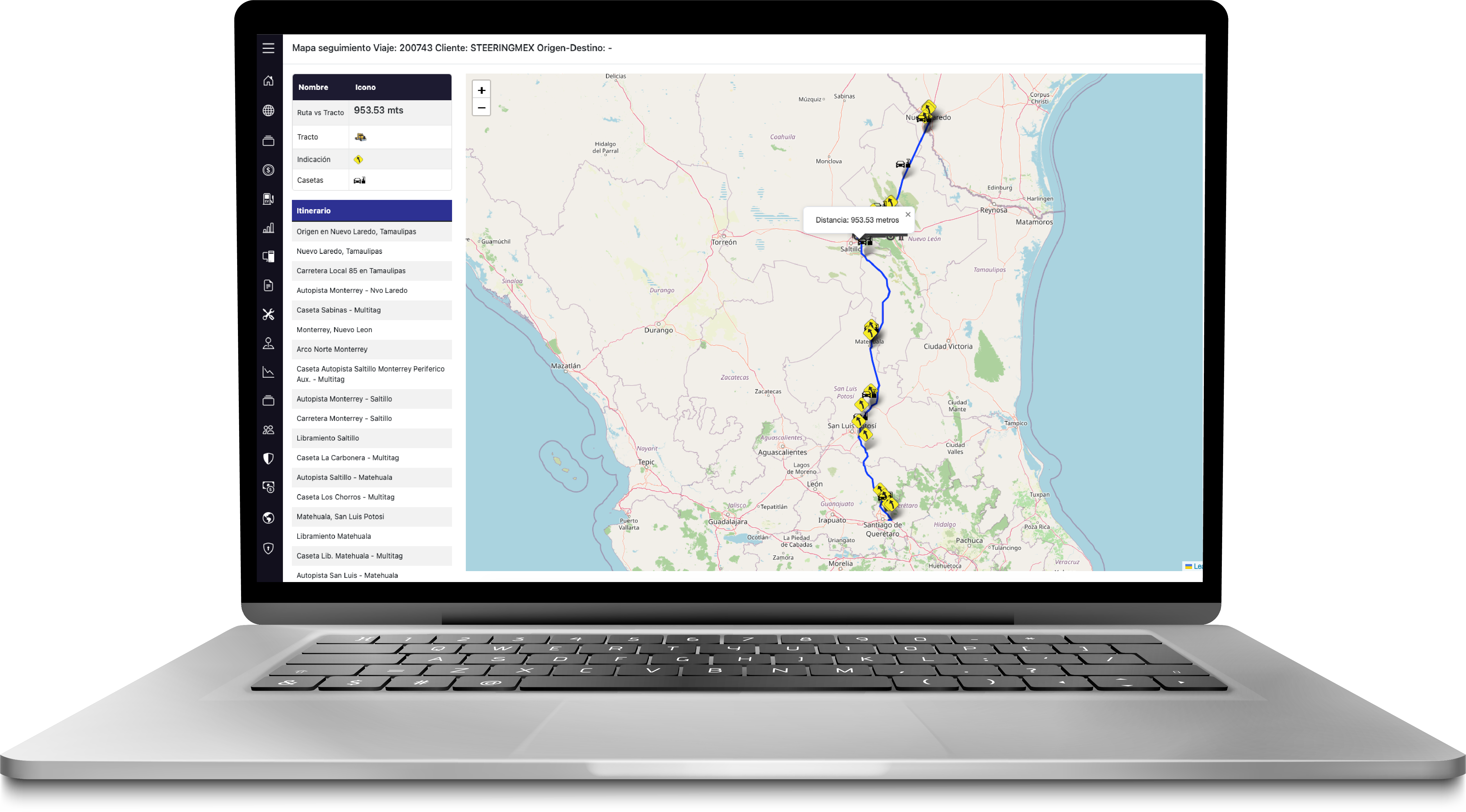 Pantalla de seguimiento de viaje del ERP de ANODOS 24, con el mapa de la ruta y su itinerario